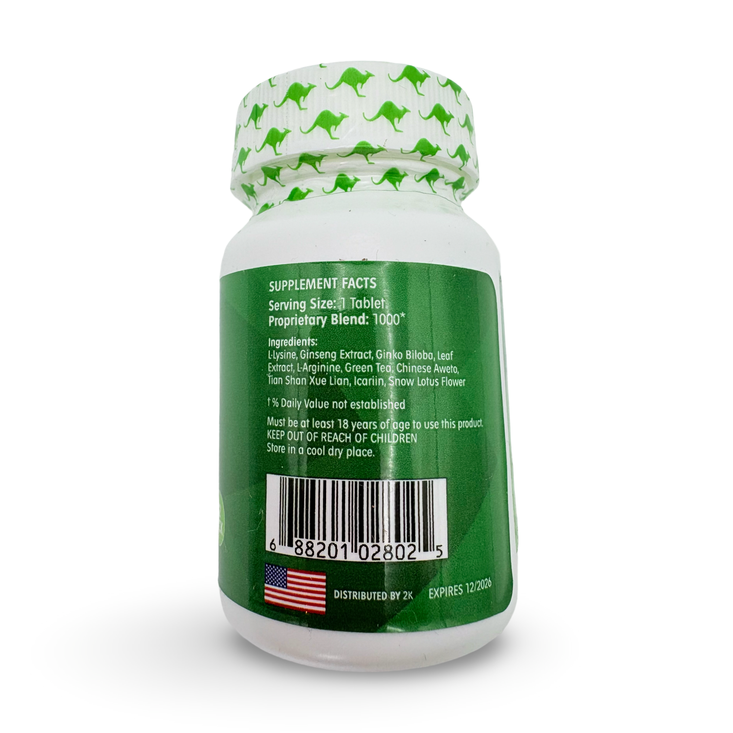 Kangaroo 2K Green – Herbal Supplement for Vitality & Wellness | 1 Bottle Pack (12 Capsules)