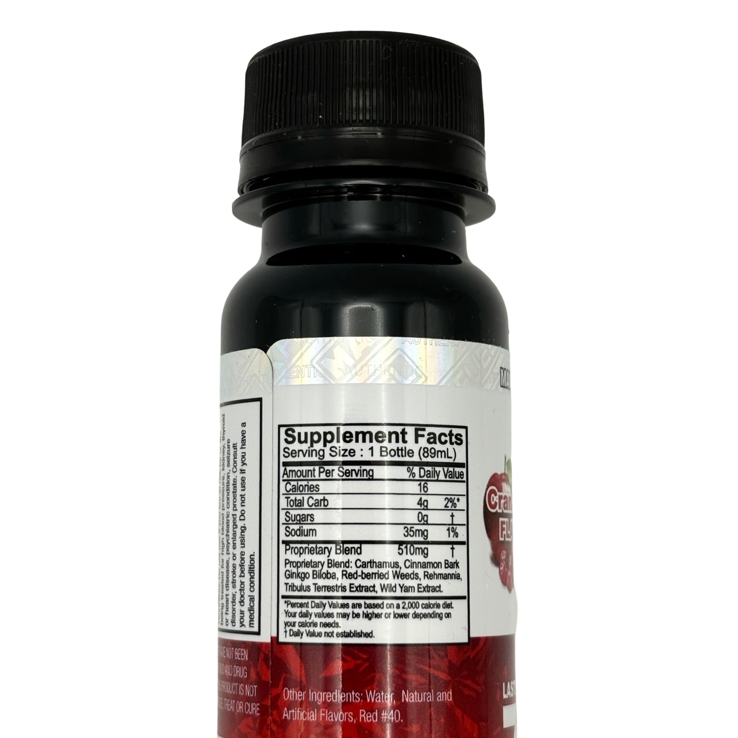 MaxFuel Cran Apple Vitality Shooter 12 Pack 3 oz Bottles supplement facts label on container.