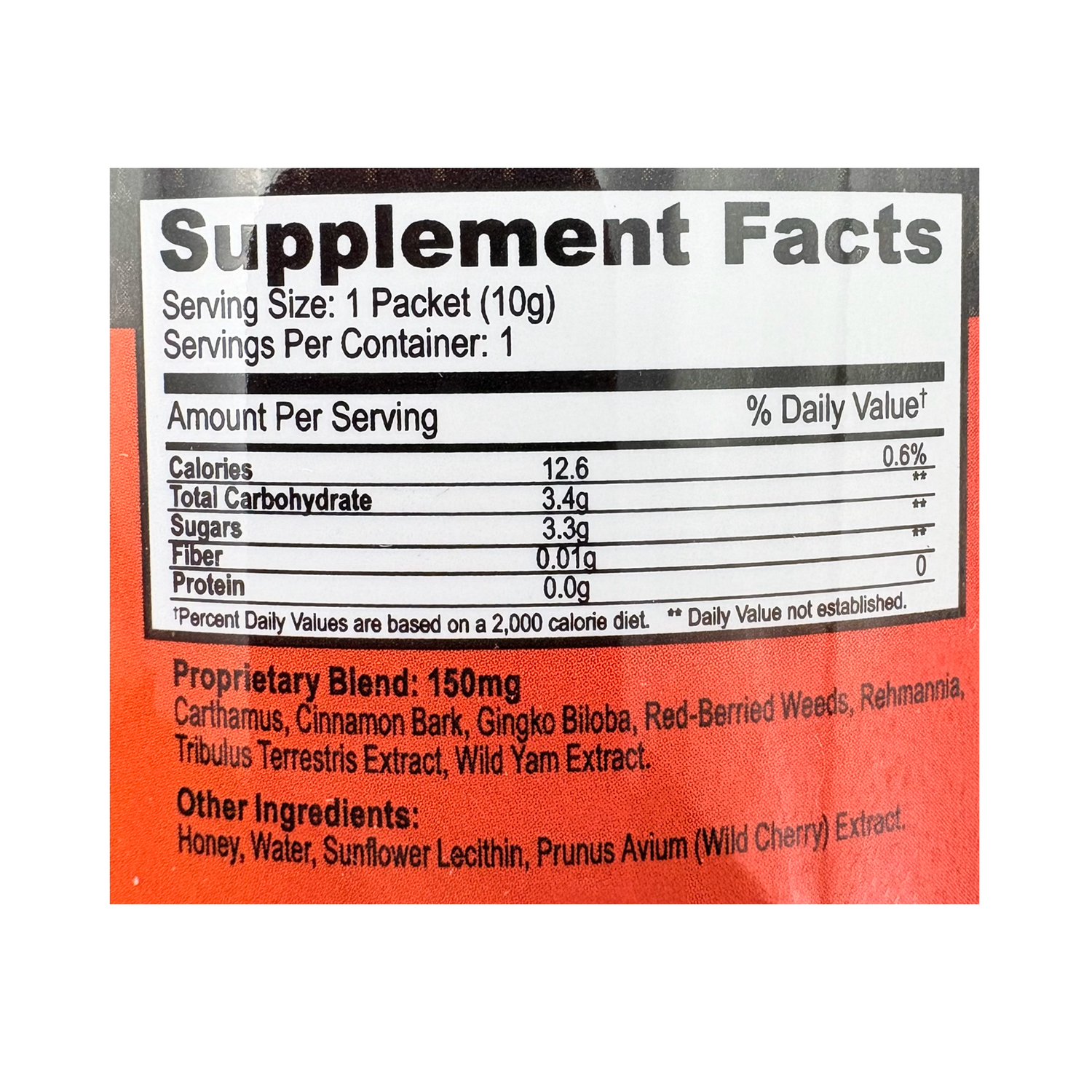 MaxFuel Honey 24 Pack Display Wildflower & Cherry Blend supplement facts panel with nutritional information.