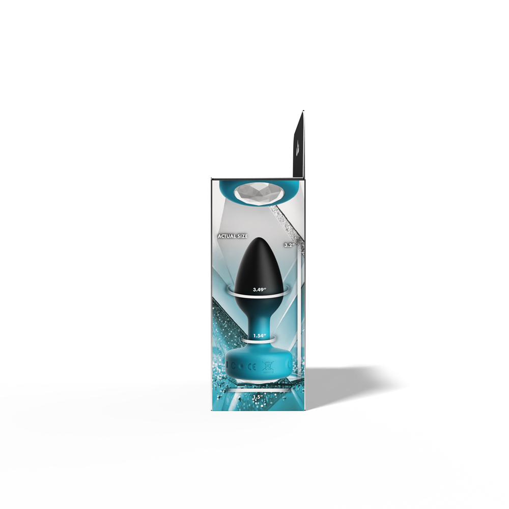 Eluxe Vibrating Clear Gem Blue Ombre Plug Small With Remote packaging showing size dimensions and design.