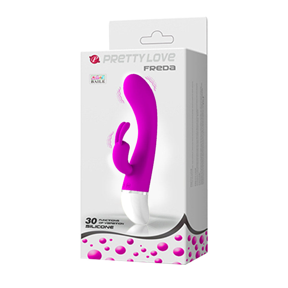 Pretty Love Freda 30 Function Rabbit Vibrator Purple packaging showcasing its sleek design and features.