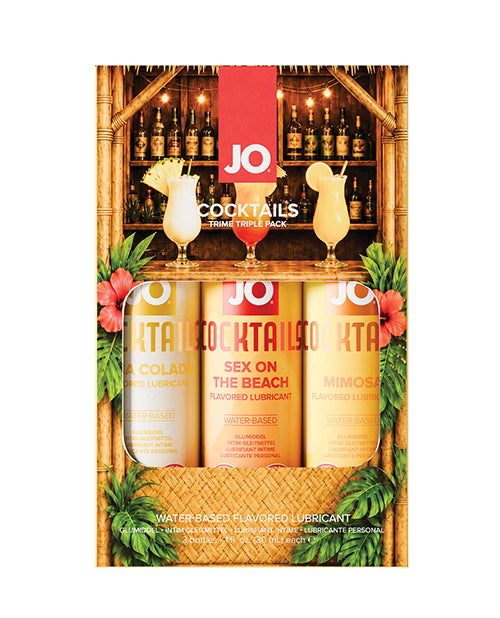 JO Tri-Me Triple Pack Cocktails Flavored Lube Gift Set featuring tropical flavored lubricants.