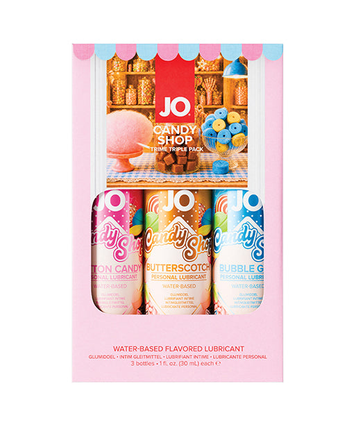 JO Tri-Me Candy Shop Flavored Lube Triple Pack 1 Oz featuring Cotton Candy, Butterscotch, and Bubble Gum.