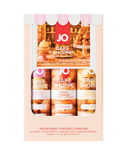 JO Tri-Me Bake Shoppe Flavored Lubricant Gift Set 1 oz featuring three dessert-inspired flavors.