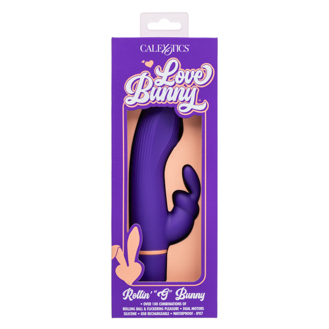 Love Bunny Rollin' G Bunny Dual Motor Vibrator Purple packaging showcasing its sleek design and features.