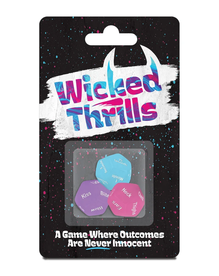 Little Genie Wicked Thrills Sex Dice Game packaging featuring colorful dice for adventurous intimate gameplay.