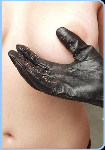 Kink Lab Vampire Gloves Leather Small Black enhancing sensory play with metal points for intensified touch.