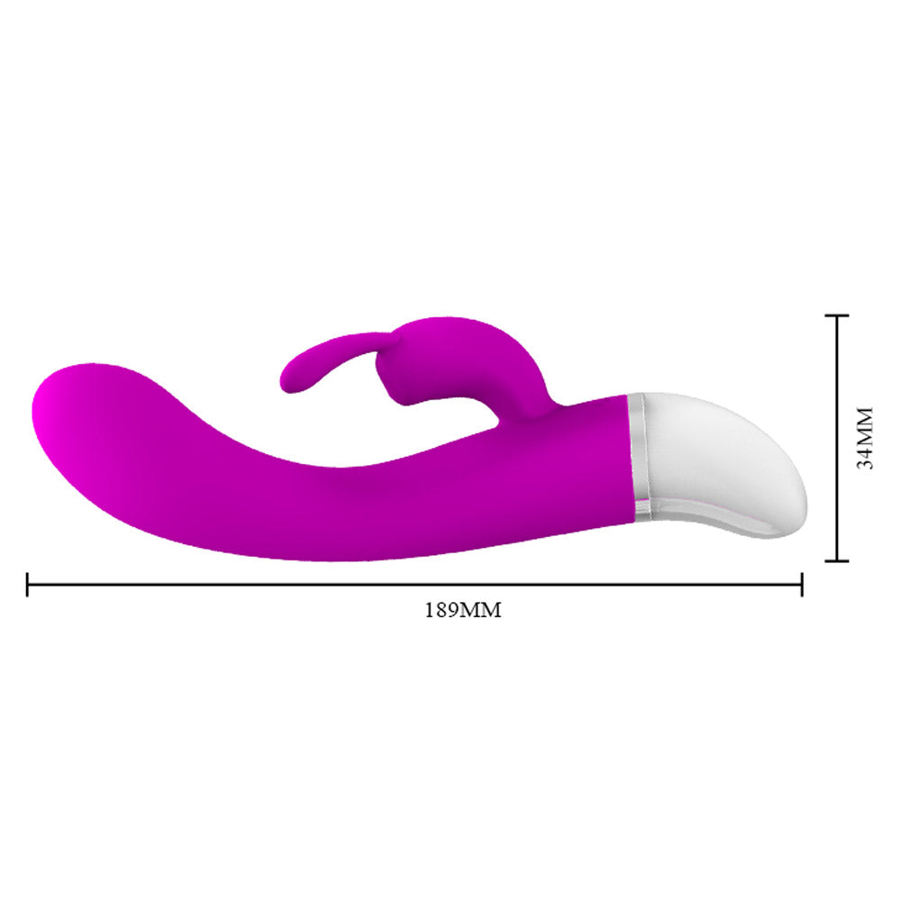 Pretty Love Freda 30 Function Rabbit Vibrator Purple dimensions, curved design for dual-zone stimulation.