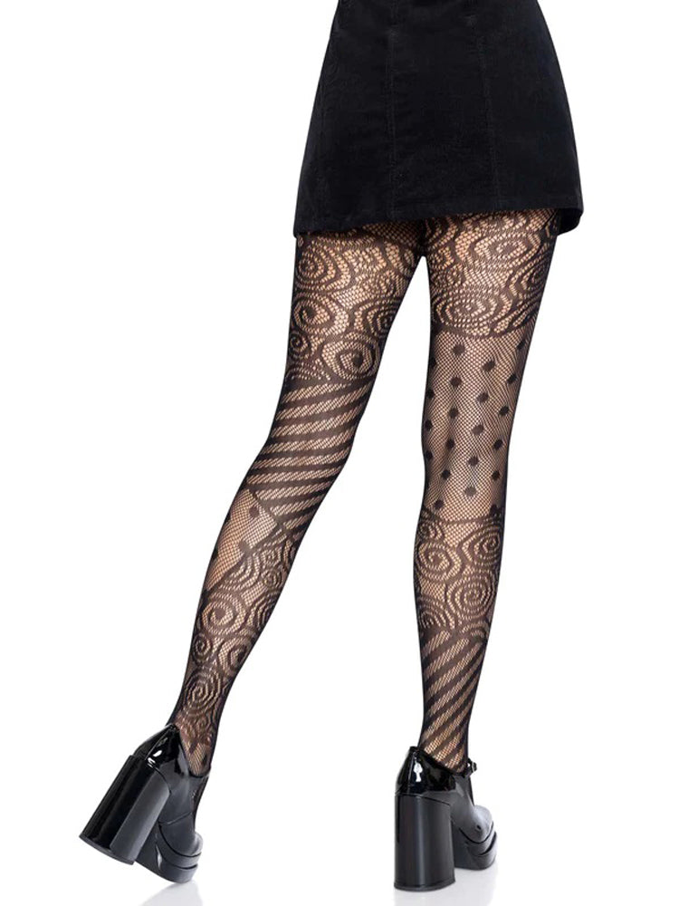 Leg Avenue Doll Net Tights One Size Black detailed view showcasing stylish net pattern and high heels.