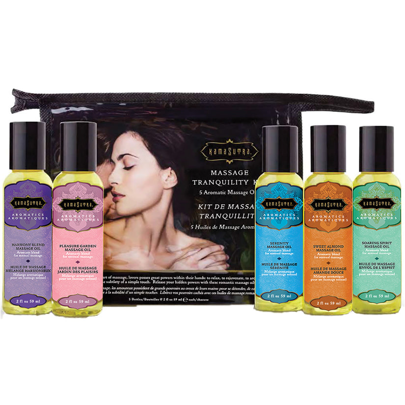 Kama Sutra Massage Tranquility Kit 2 Oz 5 Pack with five aromatherapy massage oils and travel pouch