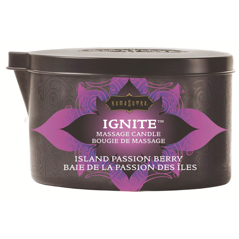 Kama Sutra Ignite Massage Candle Island Passion Berry 6 Oz in a decorative container.