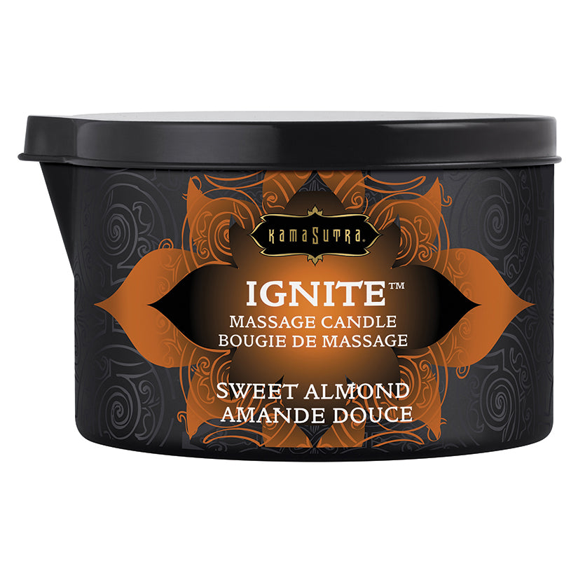 Kama Sutra Ignite Massage Candle Sweet Almond 6 Oz in an elegant black container with decorative design.