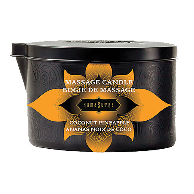 Kama Sutra Ignite Massage Candle Coconut Pineapple 6 Oz in a decorative black container.