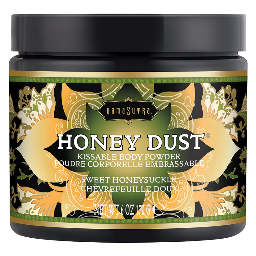 Kama Sutra Honey Dust Sweet Honeysuckle 6 Oz body powder in an elegant jar with floral design.
