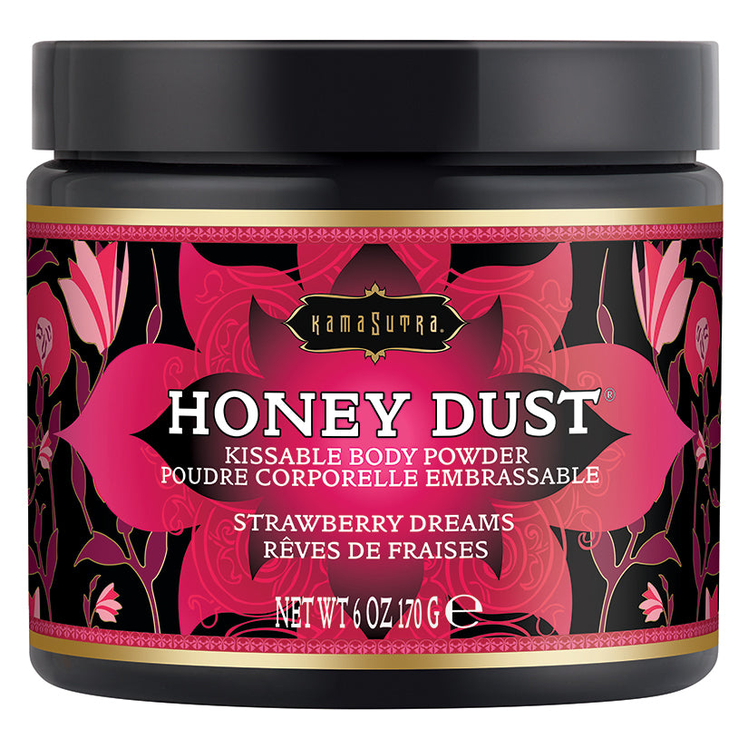 Kama Sutra Honey Dust Strawberry Dreams 6 Oz jar featuring kissable body powder with strawberry fragrance.