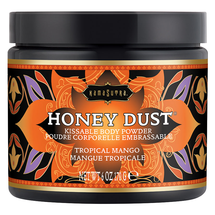 Kama Sutra Honey Dust Tropical Mango 6 Oz container with tropical design for kissable body powder.