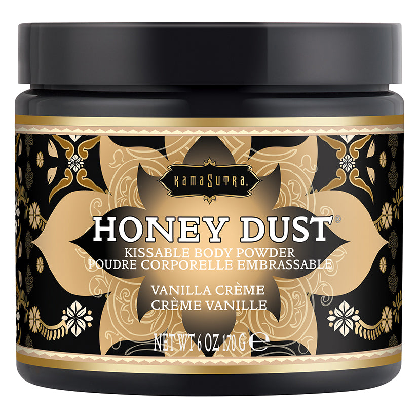 Kama Sutra Honey Dust Vanilla Creme 6 Oz jar, luxurious kissable body powder with a warm vanilla scent.