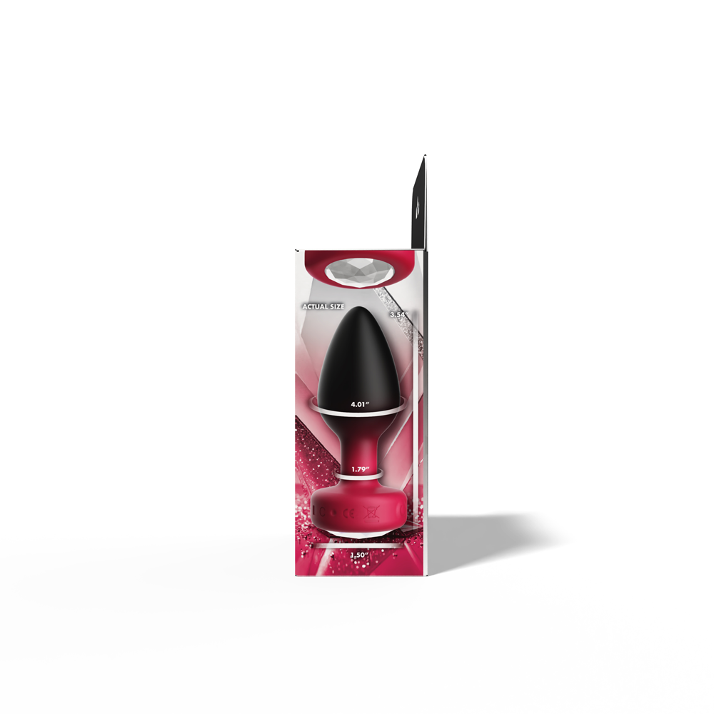 Eluxe Vibrating Ruby Ombre Anal Plug Medium Remote in packaging, showcasing size and features.