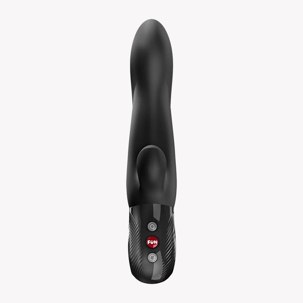 Fun Factory Bi Stronic Arc Vibrator Black top view showcasing ergonomic design and control buttons.