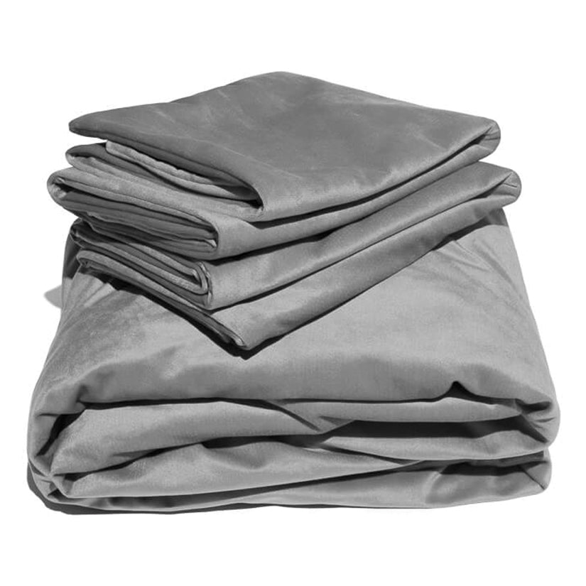 Liberator Fascinator Liquid Velvet Queen Fitted Sheet Grey folded neatly showing its luxurious texture.