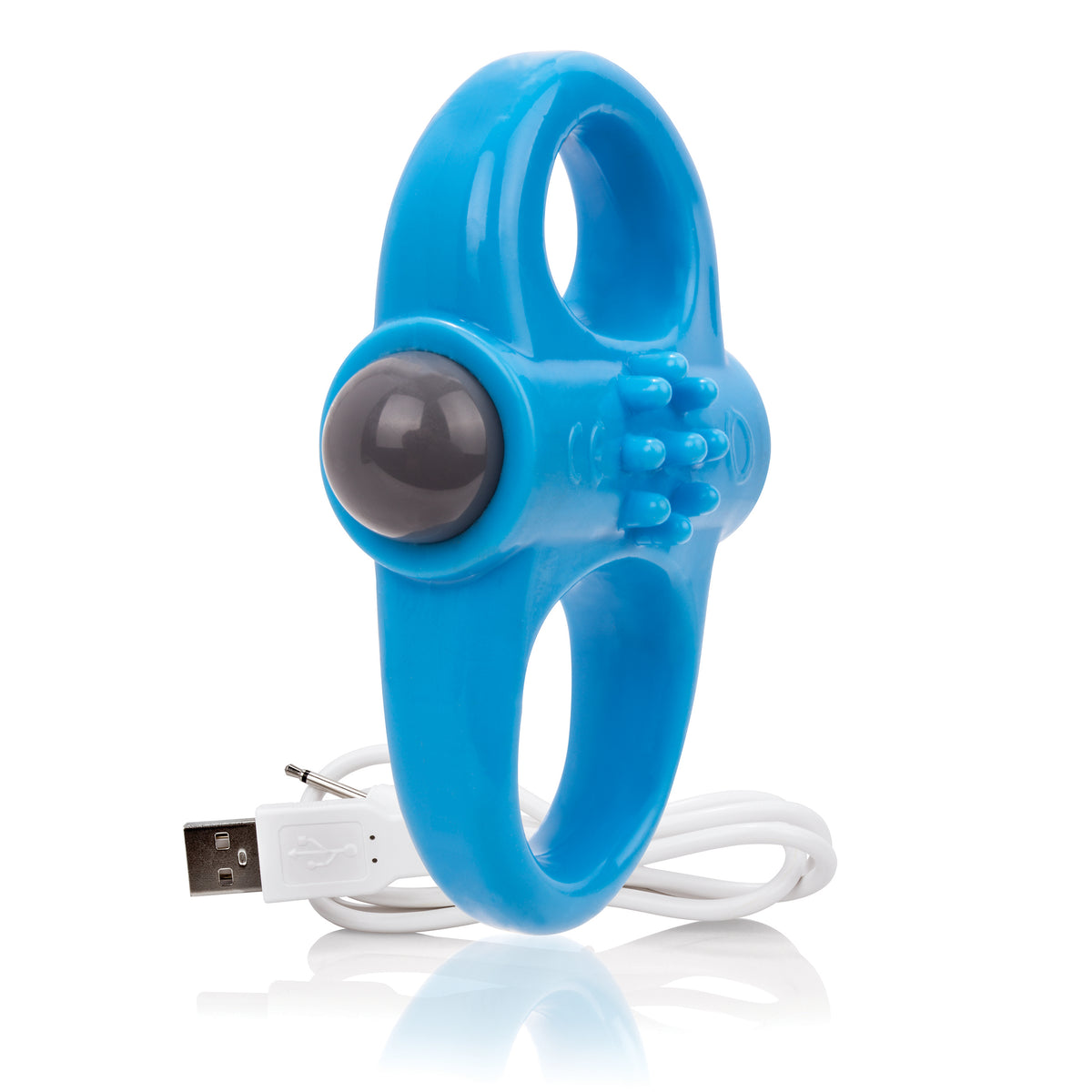 Screaming O Charged Yoga Rechargeable Vibe Ring Blue with USB charging cable, designed for versatile and comfortable partnered play.
