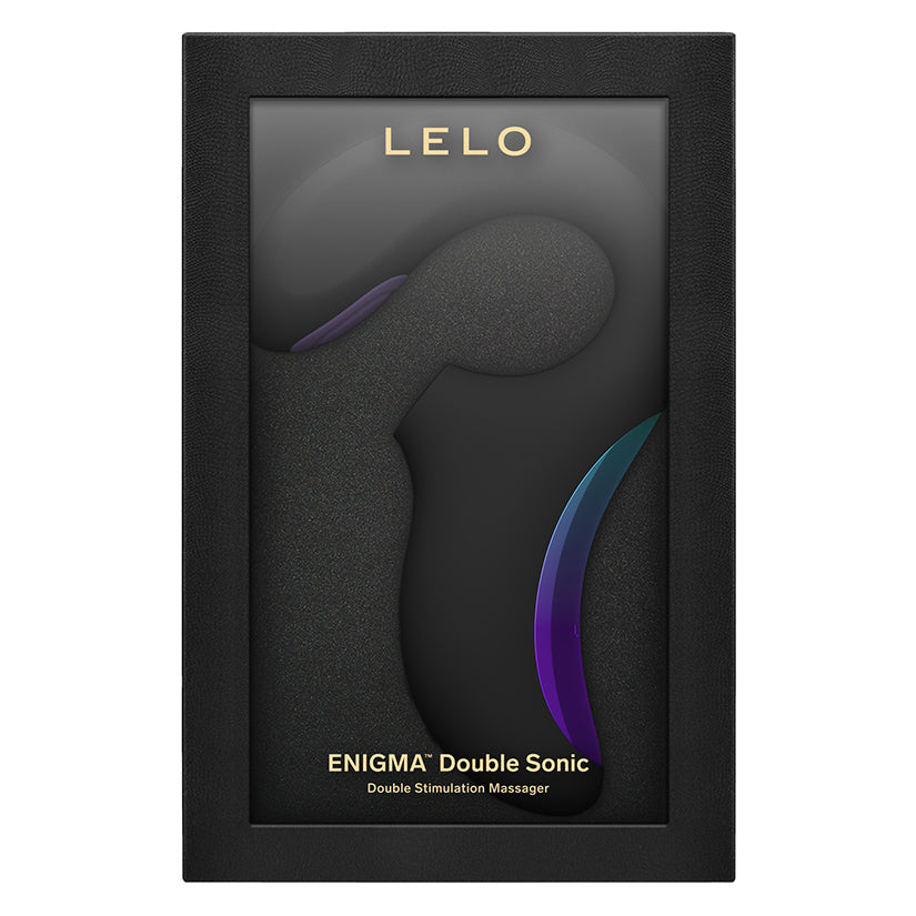 Lelo Enigma Double Sonic Massager Black packaging showcasing its sleek design and dual stimulation features.