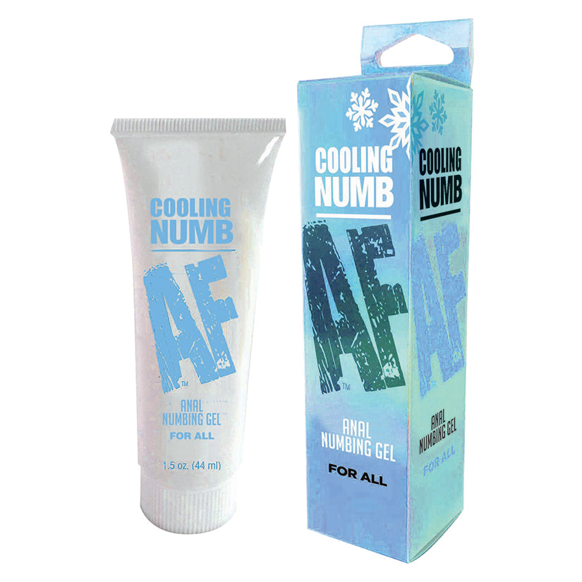 Cooling Numb Af Anal Numbing Gel 1.5 Oz tube and packaging, designed for a comfortable anal experience.