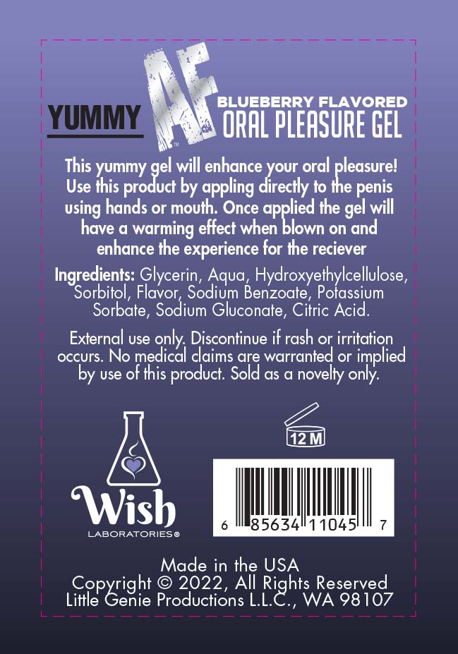 Yummy AF Oral Pleasure Gel Blueberry 2.2 Oz packaging with ingredients and usage instructions.