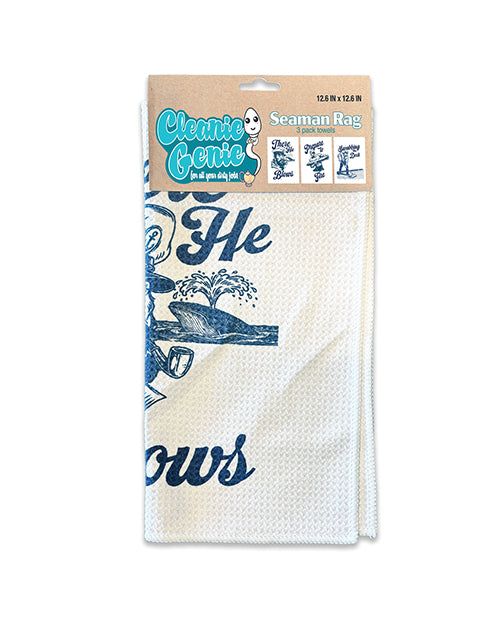 Cleanie Genie Seamen Cum Rags 3 Piece Set packaging featuring humorous sailor design and practical clean-up cloths.