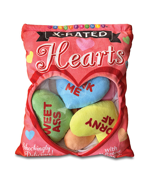 Little Genie X-Rated Valentines Pillow Multi Colors featuring plush conversation hearts in vibrant colors.