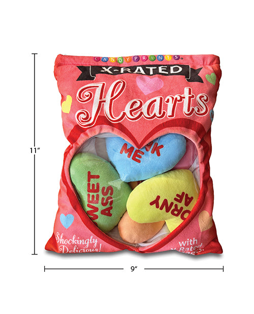 Little Genie X-Rated Valentines Pillow Multi Colors with cheeky X-rated conversation hearts in bright colors.