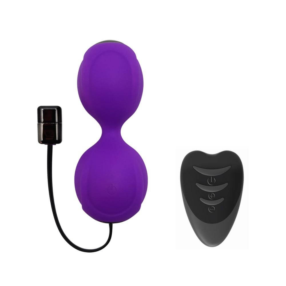 LavaJoy Vibrating Remote Controlled Kegel Balls in purple with black remote for enhanced Kegel exercise effectiveness.