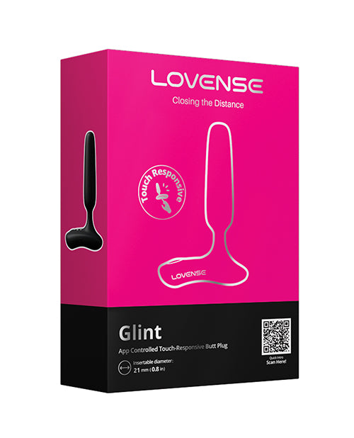 Lovense Glint Touch Responsive Vibrating Butt Plug Black packaging showing product details and features.