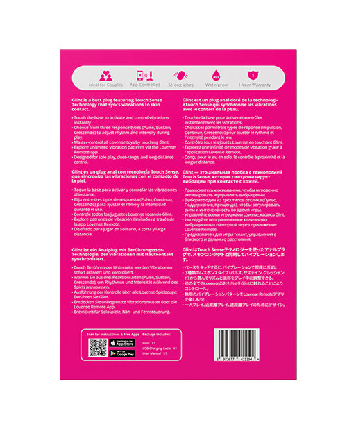 Lovense Glint Touch Responsive Vibrating Butt Plug Black back packaging features and instructions.
