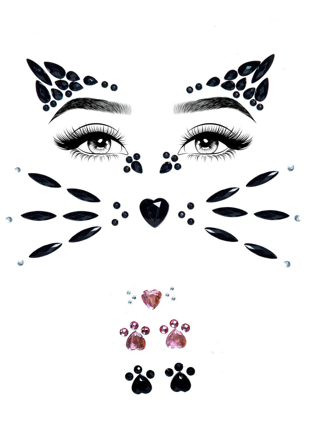Leg Avenue Animal Rhinestone Stick-on Face Jewels featuring black and pink rhinestone designs for a cat-inspired look.