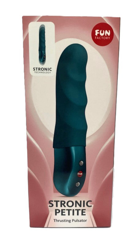 Packaging of Fun Factory Stronic Petite Thrusting Pulsator Green, showcasing its ergonomic design and pulsation technology.