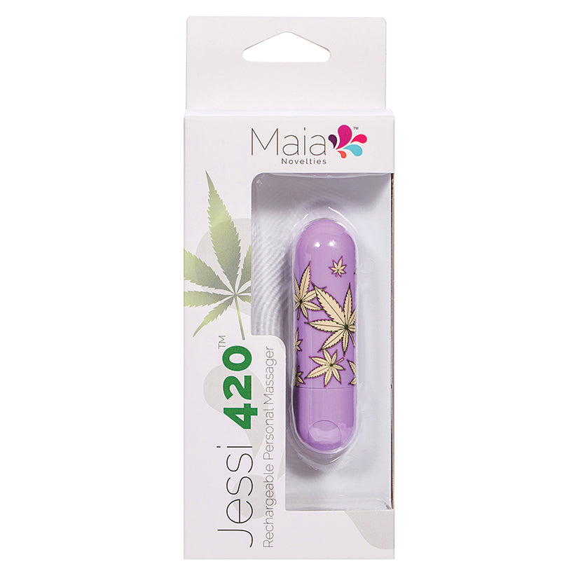 Maia Jessi 420 Bullet Vibrator Violet in packaging with playful hemp leaf design.