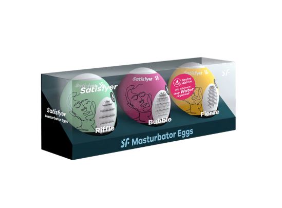 Satisfyer Masturbator Egg 3 Set featuring Riffle, Bubble, and Fierce for unique pleasurable experiences.