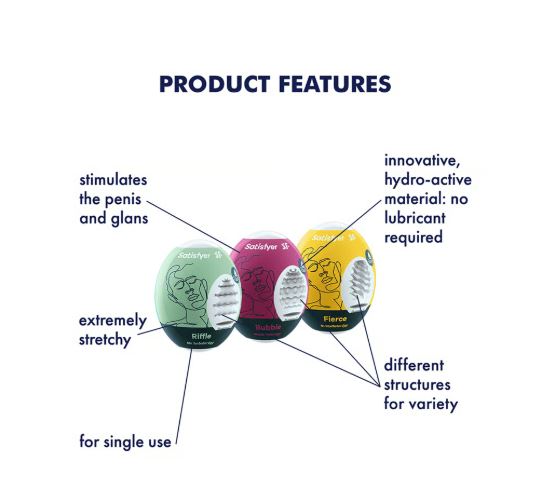Satisfyer Masturbator Egg 3 Set features Riffle, Bubble, and Fierce with unique designs for pleasurable experiences.