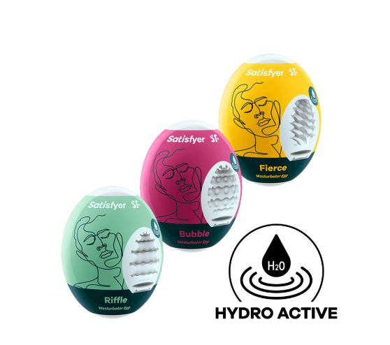 Satisfyer Masturbator Egg 3 Set featuring Riffle, Bubble, and Fierce for varied sensations and discreet pleasure.