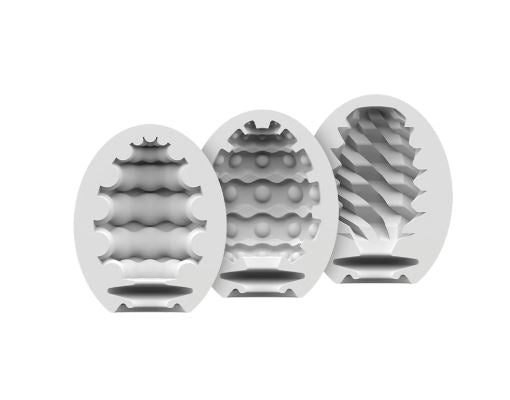 Satisfyer Masturbator Egg 3 Set featuring three distinct stroker designs for varied pleasure experiences.