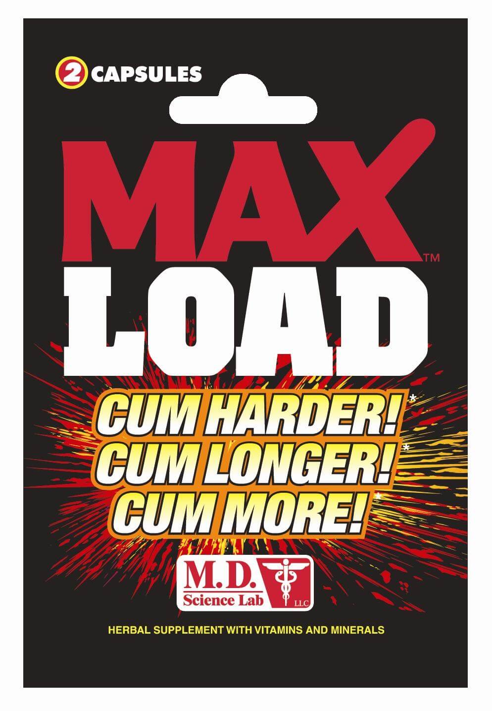 MaxLoad Male Vitality Supplement 2 Capsules packaging featuring bold text and claims for enhanced male performance.