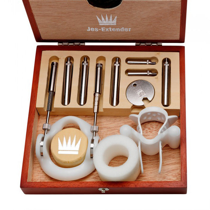 Jes-Extender Original Standard Penis Extender complete kit with components in a wooden box.