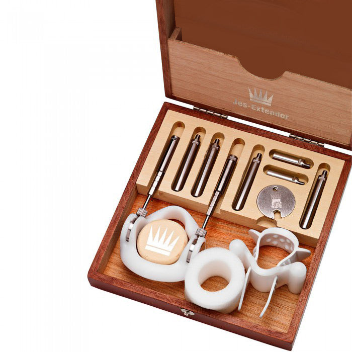 Jes-Extender Original Standard Penis Extender complete set of components in a wooden box.