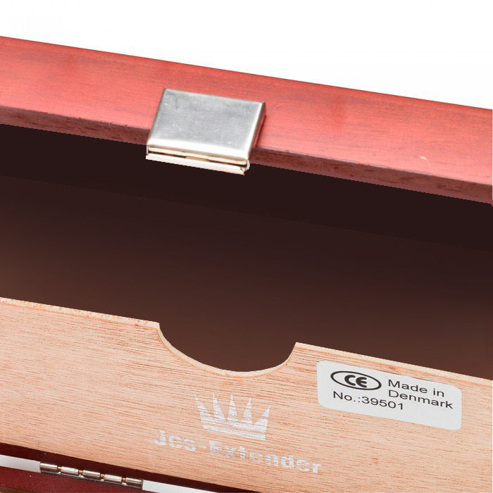 Jes-Extender Original Standard Penis Extender storage box with metal latch and CE marking.