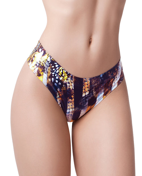 Mememe Go Wild Snake Printed Thong Small showcased in a vibrant snake print design, featuring a sleek and comfortable fit.