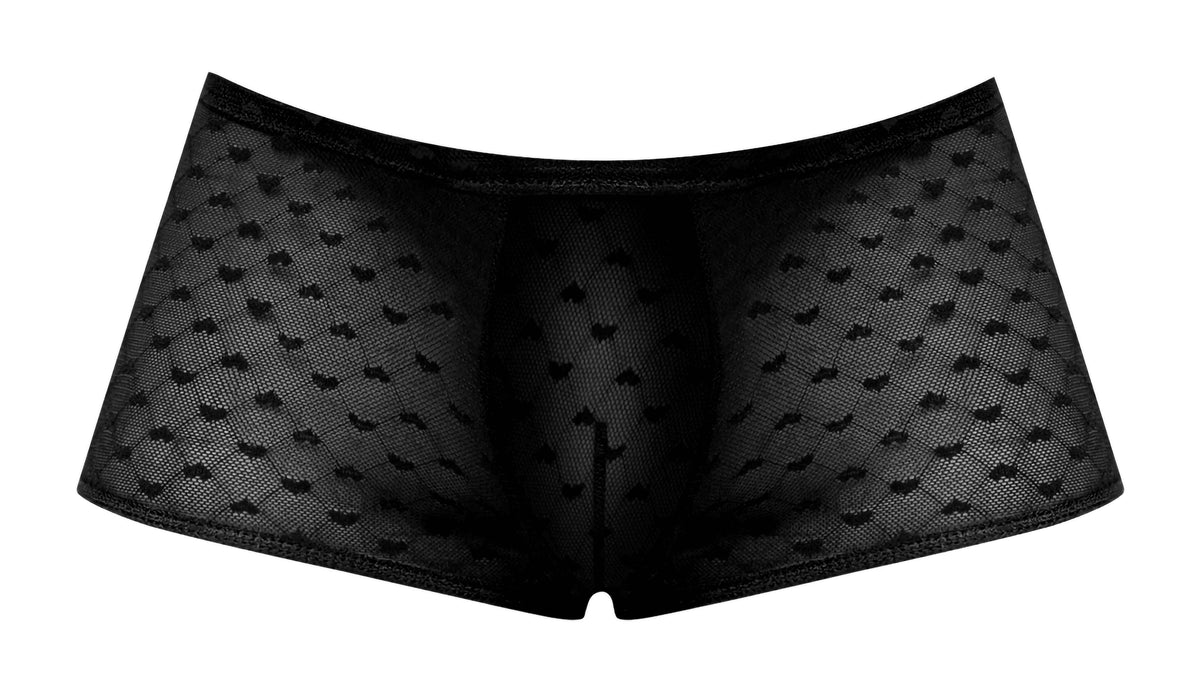 Male Power Heart Breaker Mini Short Black Medium featuring sheer mesh with heart pattern.