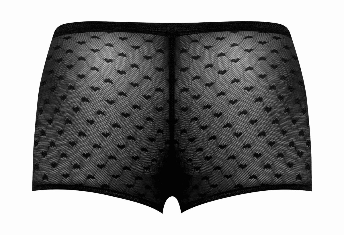 Male Power Heart Breaker Mini Short Black Medium featuring sheer mesh fabric and playful heart pattern.