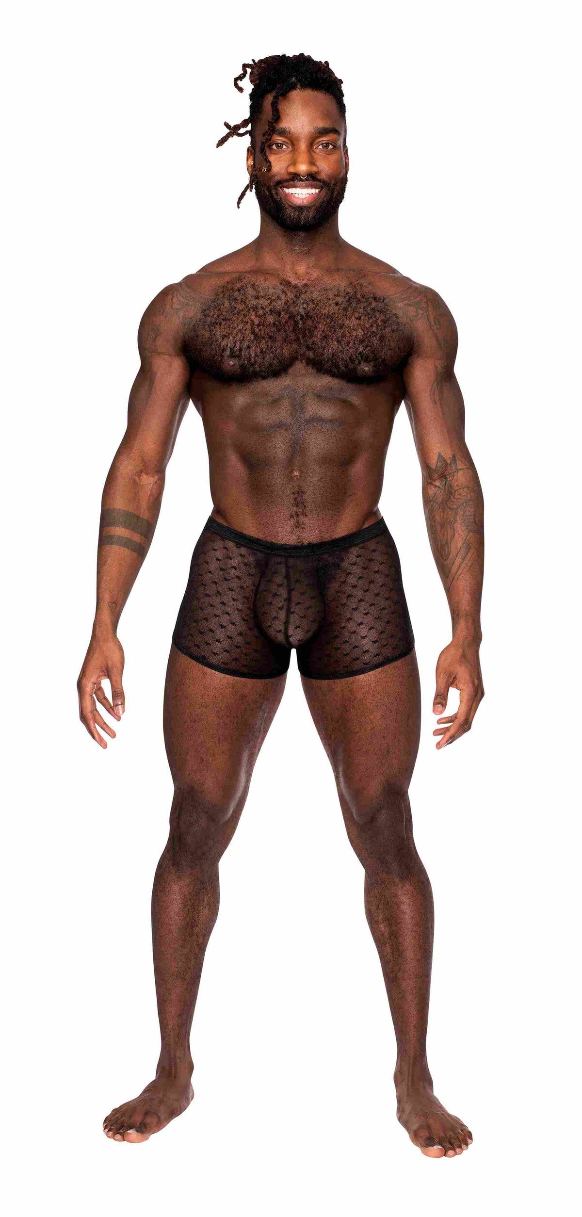 Male Power Heart Breaker Mini Short Black Medium displayed on a muscular model, showcasing sheer stretch mesh fabric and heart print.