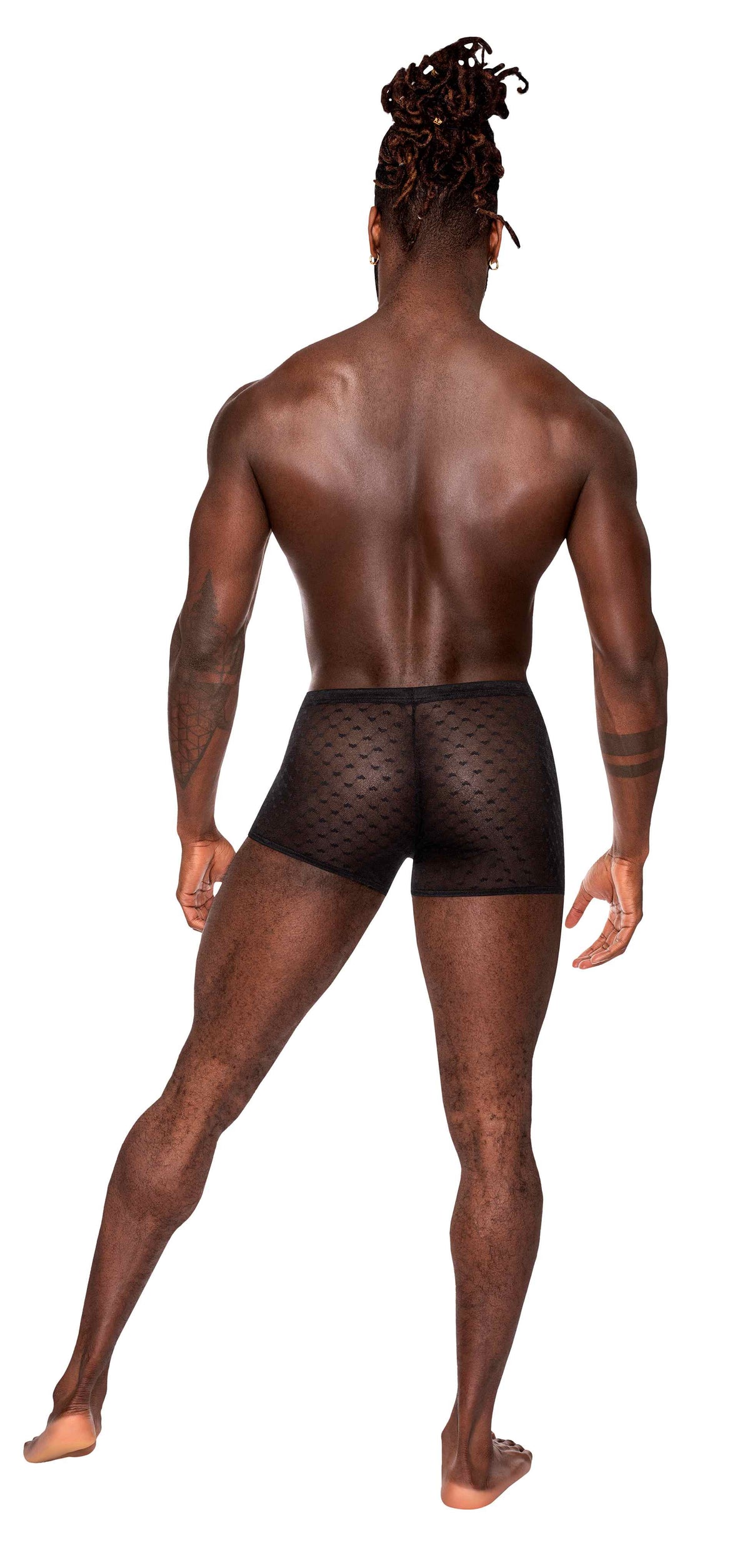 Male Power Heart Breaker Mini Short Black Medium showcased on a model from the back, highlighting its stylish mesh design.